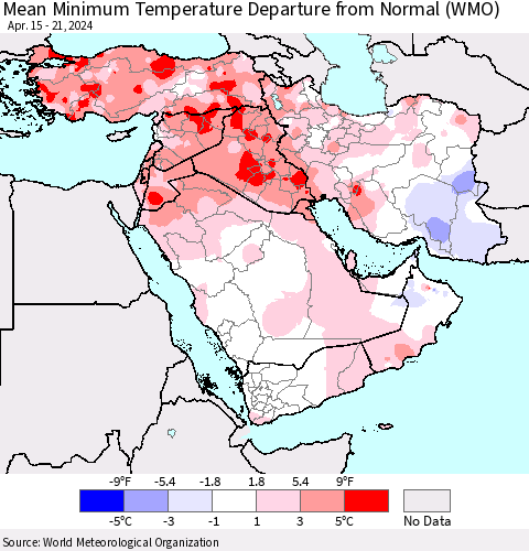 Middle East and Turkey Mean Minimum Temperature Departure from Normal (WMO) Thematic Map For 4/15/2024 - 4/21/2024