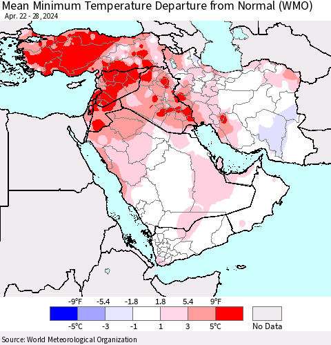 Middle East and Turkey Mean Minimum Temperature Departure from Normal (WMO) Thematic Map For 4/22/2024 - 4/28/2024