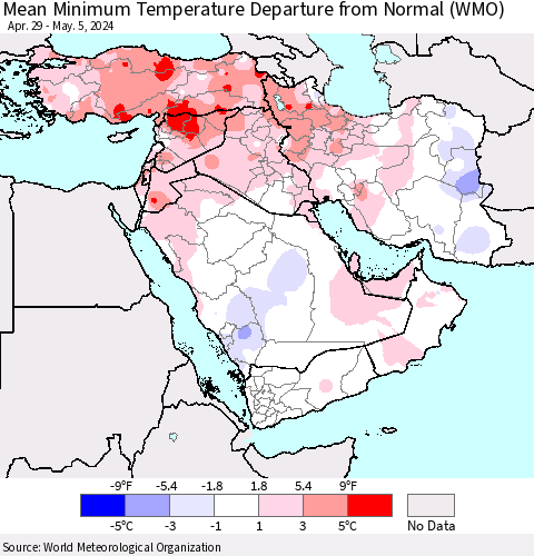 Middle East and Turkey Mean Minimum Temperature Departure from Normal (WMO) Thematic Map For 4/29/2024 - 5/5/2024