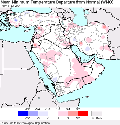 Middle East and Turkey Mean Minimum Temperature Departure from Normal (WMO) Thematic Map For 5/6/2024 - 5/12/2024