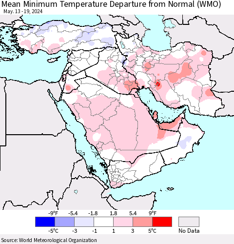 Middle East and Turkey Mean Minimum Temperature Departure from Normal (WMO) Thematic Map For 5/13/2024 - 5/19/2024