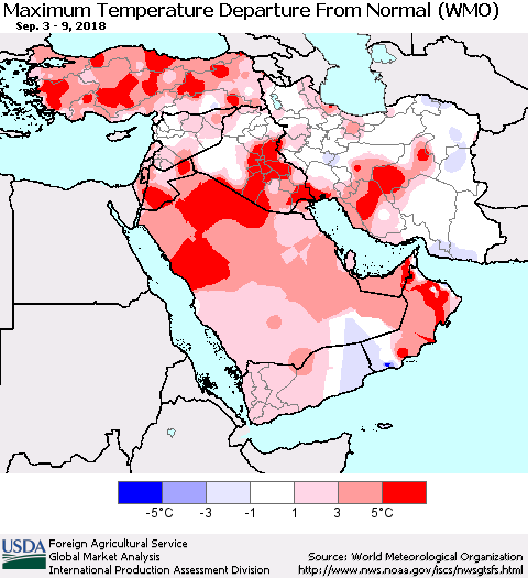 Middle East and Turkey Mean Maximum Temperature Departure from Normal (WMO) Thematic Map For 9/3/2018 - 9/9/2018