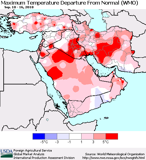 Middle East and Turkey Mean Maximum Temperature Departure from Normal (WMO) Thematic Map For 9/10/2018 - 9/16/2018