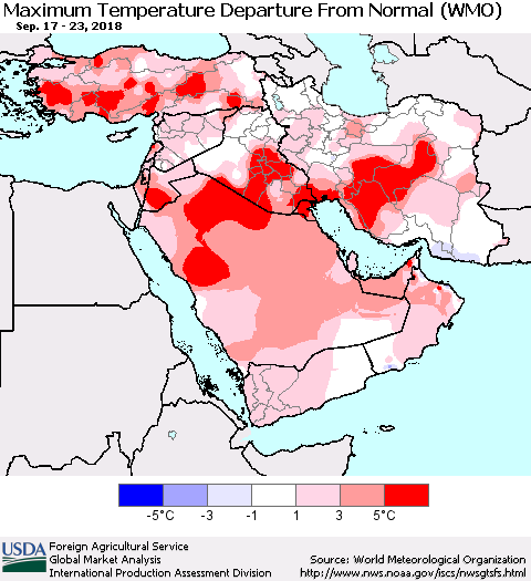 Middle East and Turkey Mean Maximum Temperature Departure from Normal (WMO) Thematic Map For 9/17/2018 - 9/23/2018