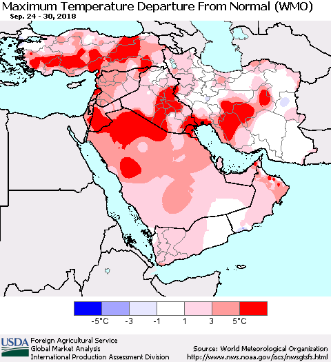 Middle East and Turkey Mean Maximum Temperature Departure from Normal (WMO) Thematic Map For 9/24/2018 - 9/30/2018