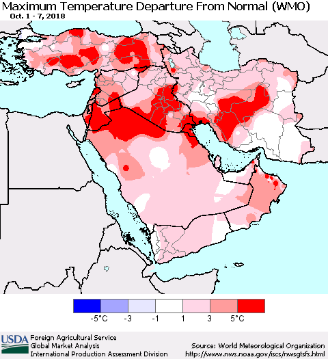 Middle East and Turkey Mean Maximum Temperature Departure from Normal (WMO) Thematic Map For 10/1/2018 - 10/7/2018