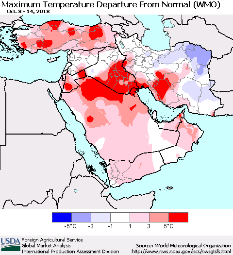 Middle East and Turkey Mean Maximum Temperature Departure from Normal (WMO) Thematic Map For 10/8/2018 - 10/14/2018