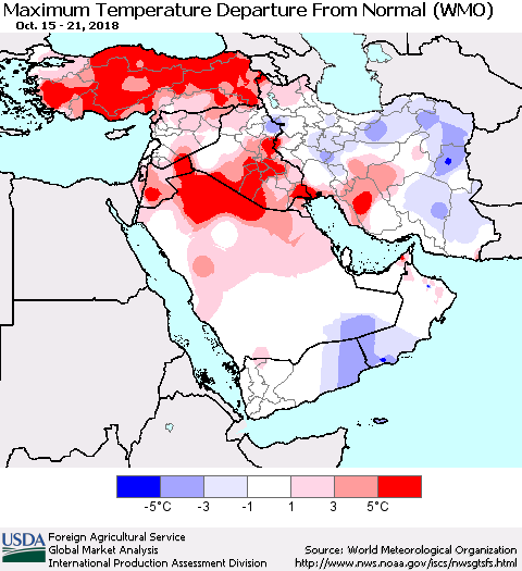 Middle East and Turkey Mean Maximum Temperature Departure from Normal (WMO) Thematic Map For 10/15/2018 - 10/21/2018