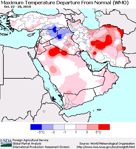 Middle East and Turkey Mean Maximum Temperature Departure from Normal (WMO) Thematic Map For 10/22/2018 - 10/28/2018