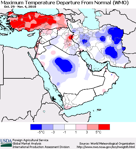 Middle East and Turkey Mean Maximum Temperature Departure from Normal (WMO) Thematic Map For 10/29/2018 - 11/4/2018