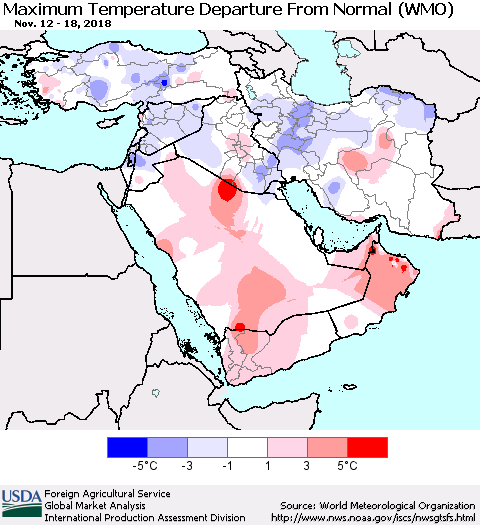 Middle East and Turkey Mean Maximum Temperature Departure from Normal (WMO) Thematic Map For 11/12/2018 - 11/18/2018