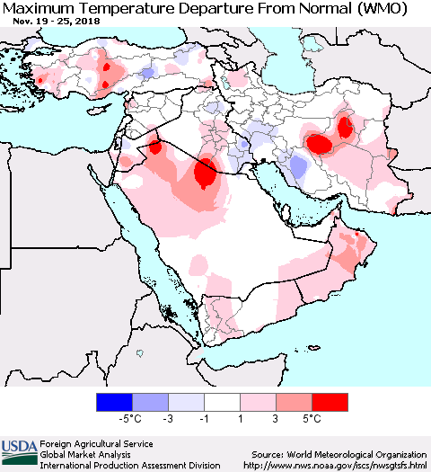 Middle East and Turkey Mean Maximum Temperature Departure from Normal (WMO) Thematic Map For 11/19/2018 - 11/25/2018