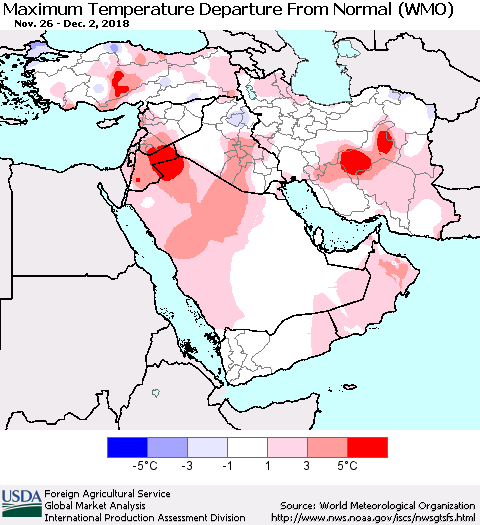 Middle East and Turkey Mean Maximum Temperature Departure from Normal (WMO) Thematic Map For 11/26/2018 - 12/2/2018
