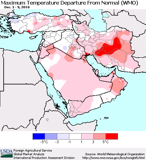 Middle East and Turkey Mean Maximum Temperature Departure from Normal (WMO) Thematic Map For 12/3/2018 - 12/9/2018