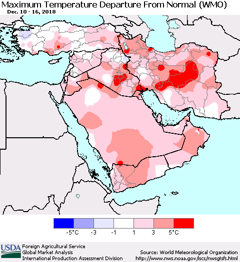Middle East and Turkey Mean Maximum Temperature Departure from Normal (WMO) Thematic Map For 12/10/2018 - 12/16/2018