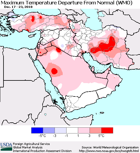 Middle East and Turkey Mean Maximum Temperature Departure from Normal (WMO) Thematic Map For 12/17/2018 - 12/23/2018