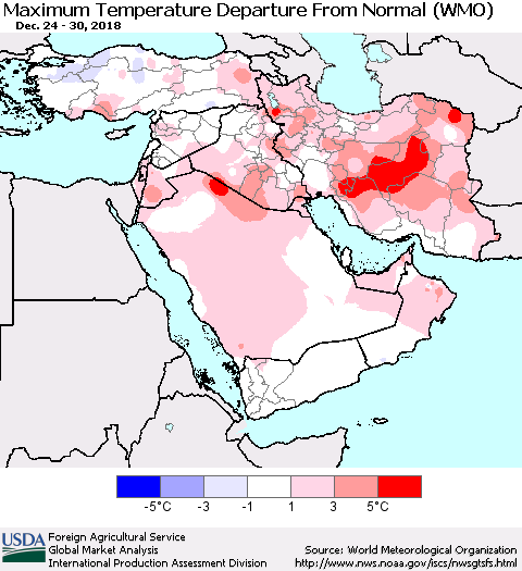 Middle East and Turkey Mean Maximum Temperature Departure from Normal (WMO) Thematic Map For 12/24/2018 - 12/30/2018