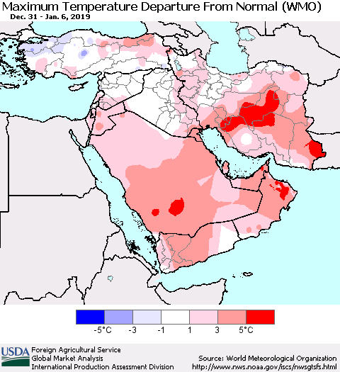 Middle East and Turkey Mean Maximum Temperature Departure from Normal (WMO) Thematic Map For 12/31/2018 - 1/6/2019