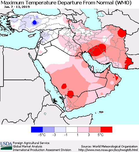 Middle East and Turkey Mean Maximum Temperature Departure from Normal (WMO) Thematic Map For 1/7/2019 - 1/13/2019