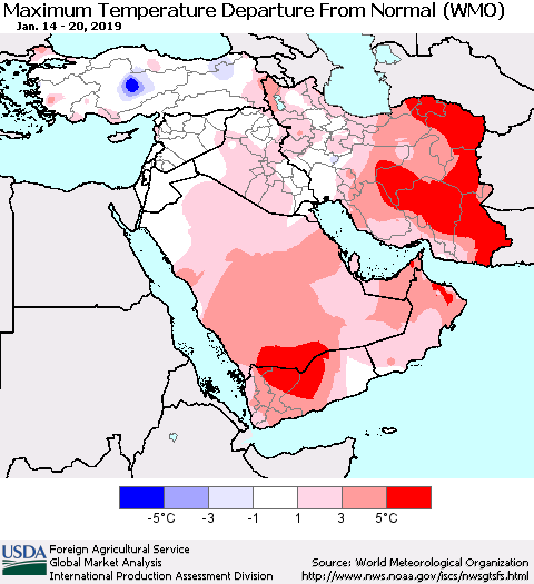 Middle East and Turkey Mean Maximum Temperature Departure from Normal (WMO) Thematic Map For 1/14/2019 - 1/20/2019