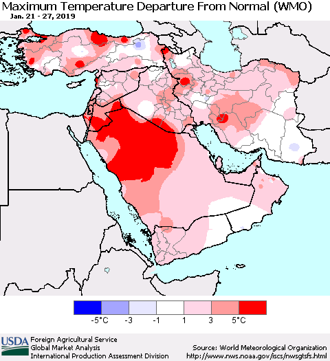 Middle East and Turkey Mean Maximum Temperature Departure from Normal (WMO) Thematic Map For 1/21/2019 - 1/27/2019