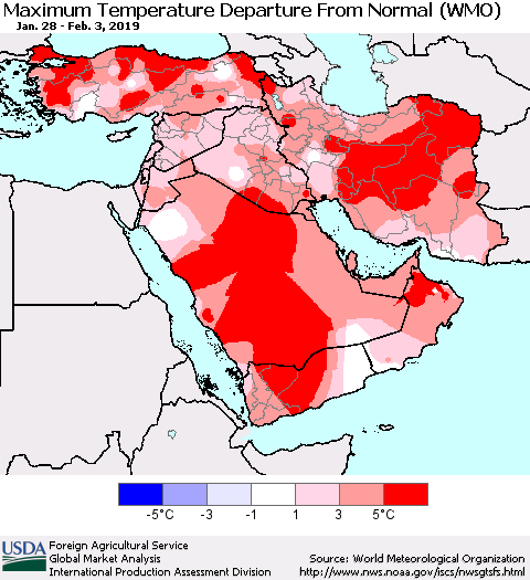 Middle East and Turkey Mean Maximum Temperature Departure from Normal (WMO) Thematic Map For 1/28/2019 - 2/3/2019
