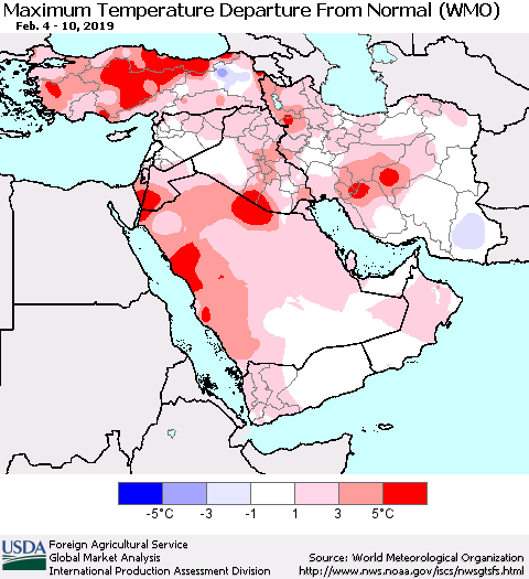 Middle East and Turkey Mean Maximum Temperature Departure from Normal (WMO) Thematic Map For 2/4/2019 - 2/10/2019