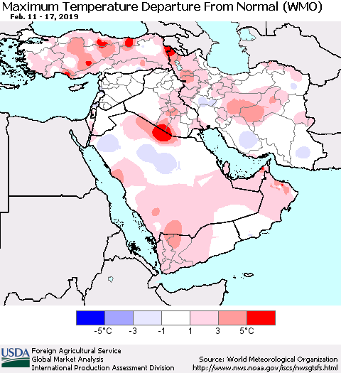 Middle East and Turkey Mean Maximum Temperature Departure from Normal (WMO) Thematic Map For 2/11/2019 - 2/17/2019