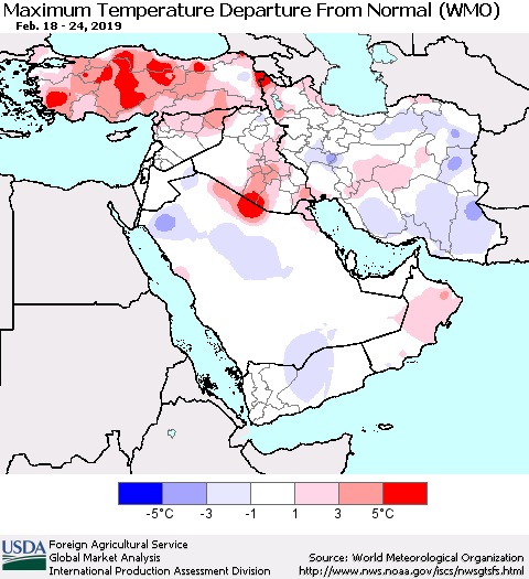 Middle East and Turkey Mean Maximum Temperature Departure from Normal (WMO) Thematic Map For 2/18/2019 - 2/24/2019