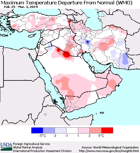 Middle East and Turkey Mean Maximum Temperature Departure from Normal (WMO) Thematic Map For 2/25/2019 - 3/3/2019