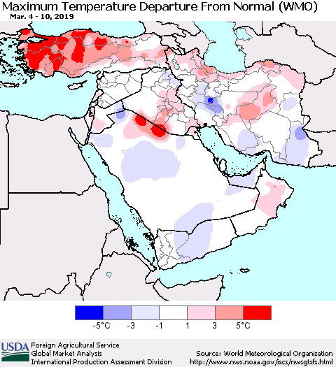 Middle East and Turkey Mean Maximum Temperature Departure from Normal (WMO) Thematic Map For 3/4/2019 - 3/10/2019