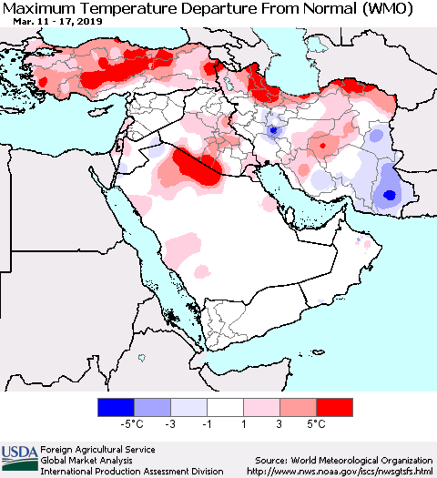 Middle East and Turkey Mean Maximum Temperature Departure from Normal (WMO) Thematic Map For 3/11/2019 - 3/17/2019