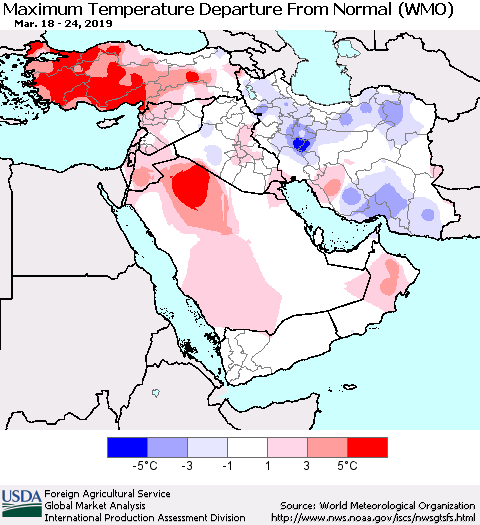 Middle East and Turkey Mean Maximum Temperature Departure from Normal (WMO) Thematic Map For 3/18/2019 - 3/24/2019