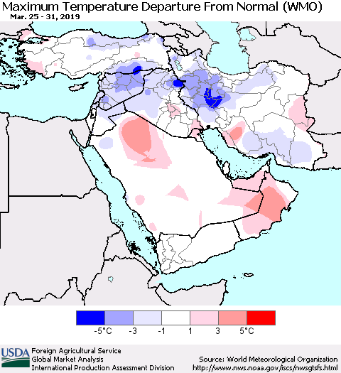 Middle East and Turkey Mean Maximum Temperature Departure from Normal (WMO) Thematic Map For 3/25/2019 - 3/31/2019