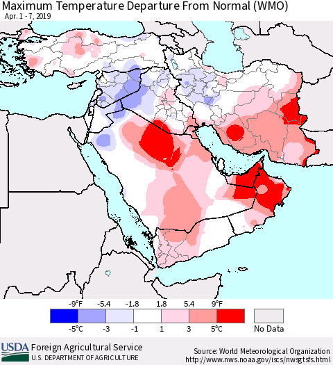 Middle East and Turkey Mean Maximum Temperature Departure from Normal (WMO) Thematic Map For 4/1/2019 - 4/7/2019