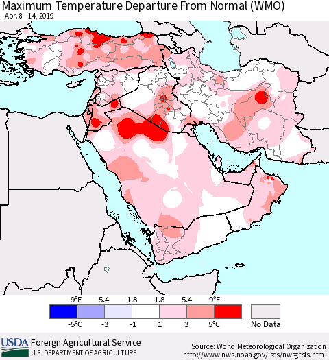 Middle East and Turkey Mean Maximum Temperature Departure from Normal (WMO) Thematic Map For 4/8/2019 - 4/14/2019