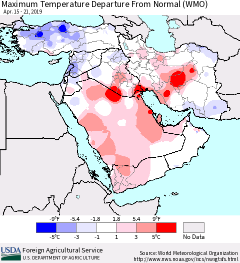 Middle East and Turkey Mean Maximum Temperature Departure from Normal (WMO) Thematic Map For 4/15/2019 - 4/21/2019
