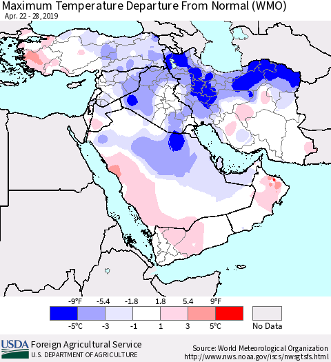 Middle East and Turkey Mean Maximum Temperature Departure from Normal (WMO) Thematic Map For 4/22/2019 - 4/28/2019