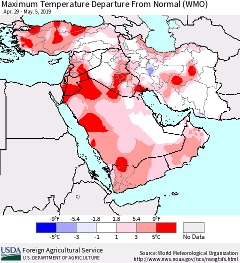 Middle East and Turkey Mean Maximum Temperature Departure from Normal (WMO) Thematic Map For 4/29/2019 - 5/5/2019