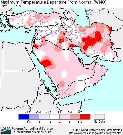 Middle East and Turkey Mean Maximum Temperature Departure from Normal (WMO) Thematic Map For 5/6/2019 - 5/12/2019