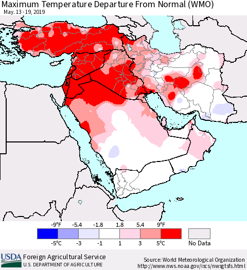 Middle East and Turkey Mean Maximum Temperature Departure from Normal (WMO) Thematic Map For 5/13/2019 - 5/19/2019