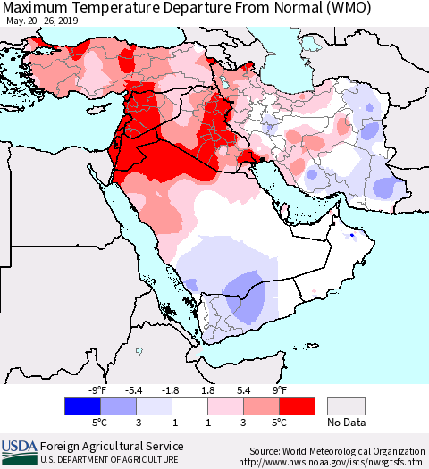 Middle East and Turkey Mean Maximum Temperature Departure from Normal (WMO) Thematic Map For 5/20/2019 - 5/26/2019