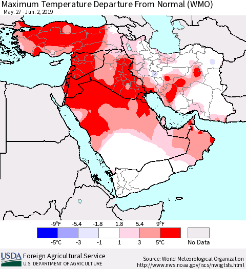 Middle East and Turkey Mean Maximum Temperature Departure from Normal (WMO) Thematic Map For 5/27/2019 - 6/2/2019