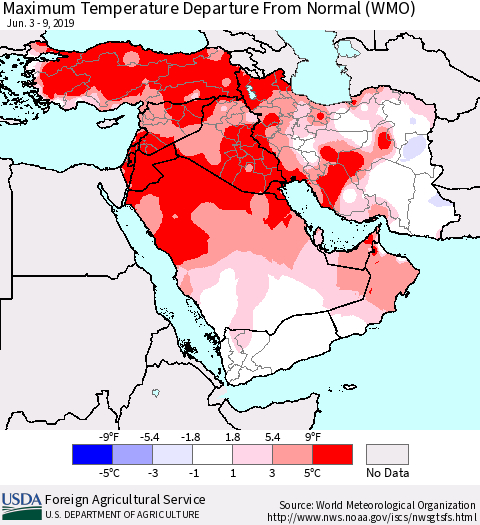 Middle East and Turkey Mean Maximum Temperature Departure from Normal (WMO) Thematic Map For 6/3/2019 - 6/9/2019