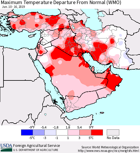 Middle East and Turkey Mean Maximum Temperature Departure from Normal (WMO) Thematic Map For 6/10/2019 - 6/16/2019