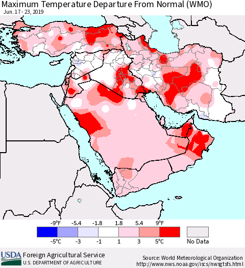 Middle East and Turkey Mean Maximum Temperature Departure from Normal (WMO) Thematic Map For 6/17/2019 - 6/23/2019