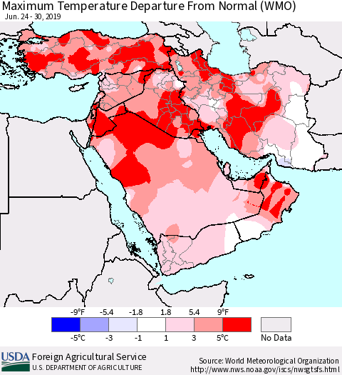 Middle East and Turkey Mean Maximum Temperature Departure from Normal (WMO) Thematic Map For 6/24/2019 - 6/30/2019