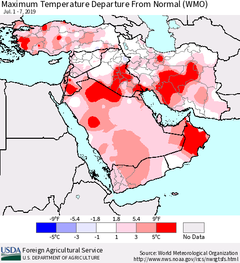 Middle East and Turkey Mean Maximum Temperature Departure from Normal (WMO) Thematic Map For 7/1/2019 - 7/7/2019