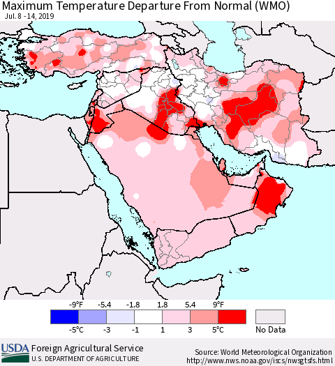 Middle East and Turkey Mean Maximum Temperature Departure from Normal (WMO) Thematic Map For 7/8/2019 - 7/14/2019