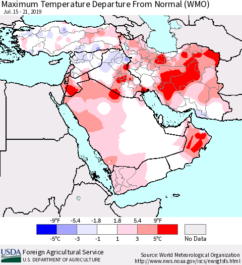 Middle East and Turkey Mean Maximum Temperature Departure from Normal (WMO) Thematic Map For 7/15/2019 - 7/21/2019